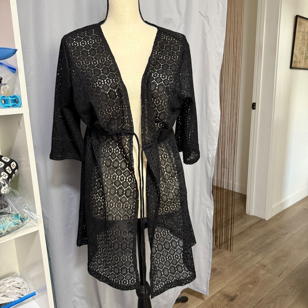 Womens Black Crochet Lace Swim Cover Up Drawstring Waist Cardigan Kimono